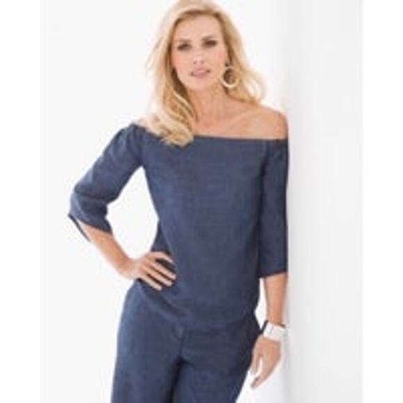 Chicos Black Label Chambray Off Shoulder Top Size #1 = Small - Picture 1 of 9